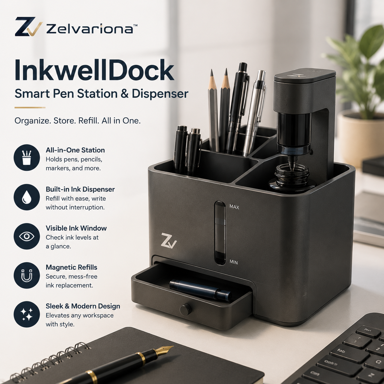 Zelvariona™ InkwellDock Smart Pen Station & Dispenser