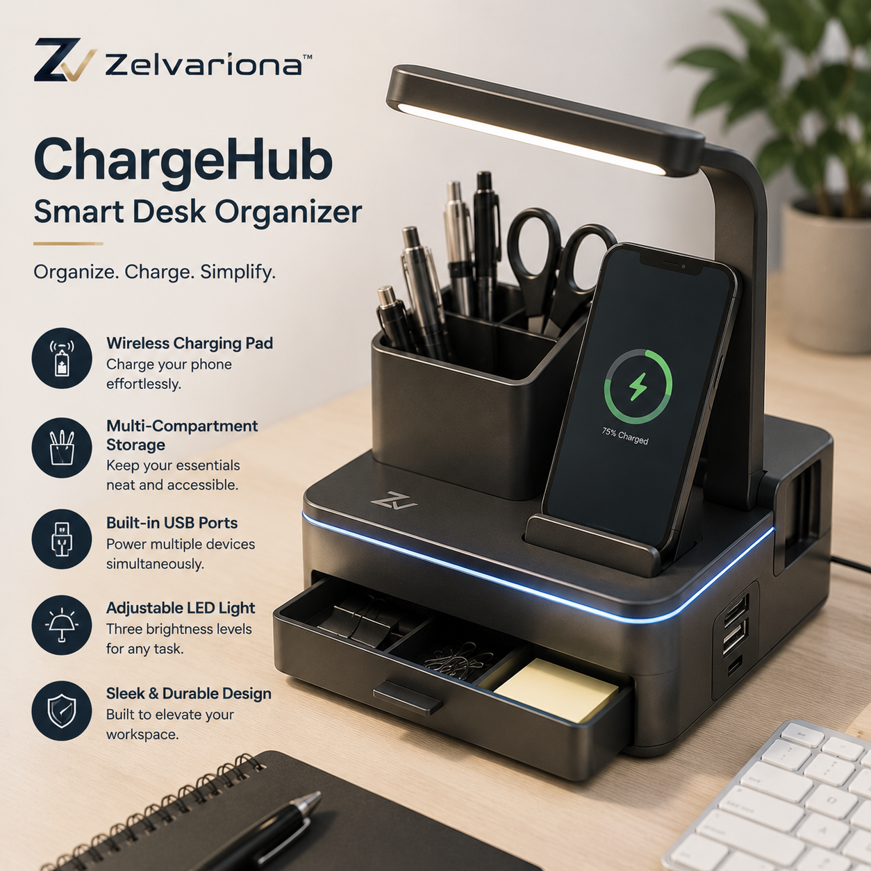 Zelvariona™ ChargeHub Smart Desk Organizer