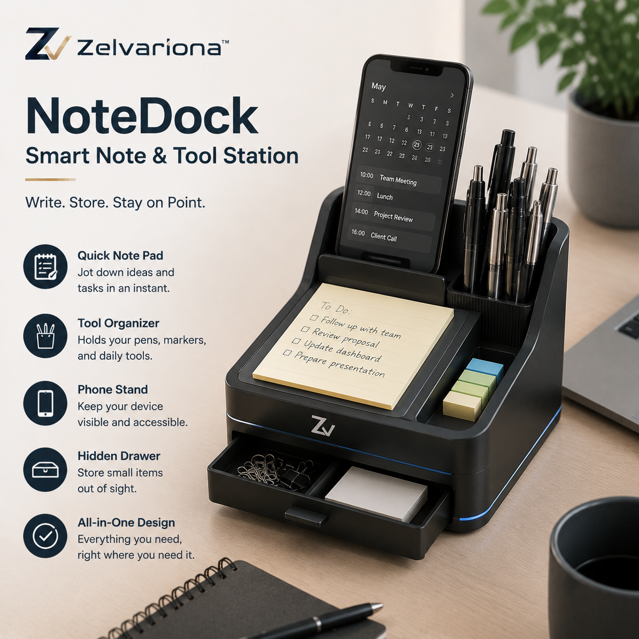 Zelvariona™ NoteDock Smart Note & Tool Station